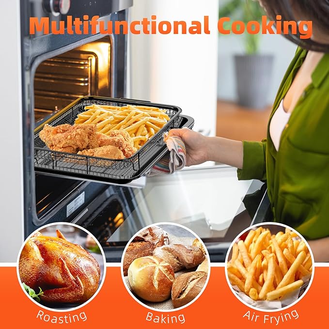 Air Fryer Basket, 2 Set Oven Air Fryer Basket and Tray with 60 PCS Parchment Papers, DEGOVIN Crisper Tray Non-stick Stainless Steel Air Fry Pans for Convection Oven(14.88"×10.98"& 13"× 9.7"-Black)