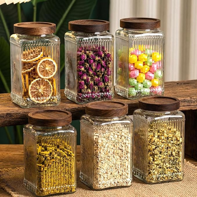 6 Pcs Vintage Glass Storage Jar with Lid 34 oz Glass Containers Stylish Ribbed Pattern Airtight Kitchen Jars Candy Jar for Food Cookies Candy Coffee Tea Beans Grains Storage
