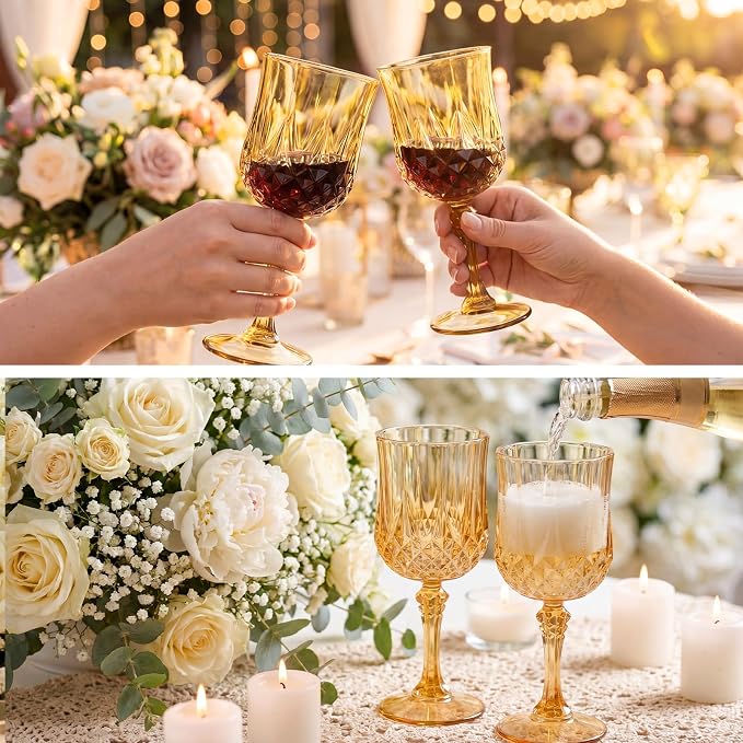 Sliner 48 Pcs 7oz Plastic Vintage Wine Glasses Drinking Goblets Unbreakable Crystal Water Glassware Reusable Diamond Champagne Flutes Cups for Wedding Banquet Birthday Party Supplies (Gold)