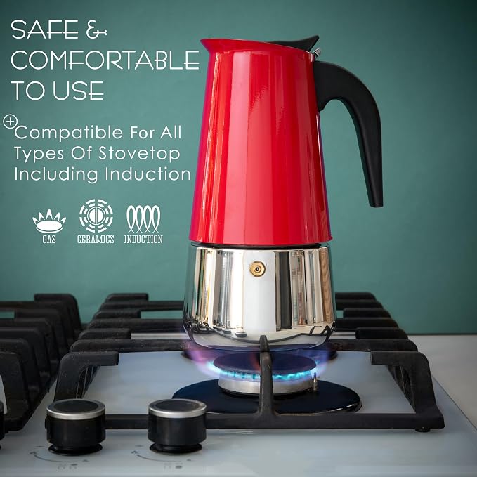 Mixpresso Red 6 Cup Greca Stovetop Espresso Pot 300ml/10oz, Moka Pot with Coffee Percolator Design, Stainless Steel Stove Top Coffee Maker for Camping or Home Use,Italian Stovetop Espresso Maker