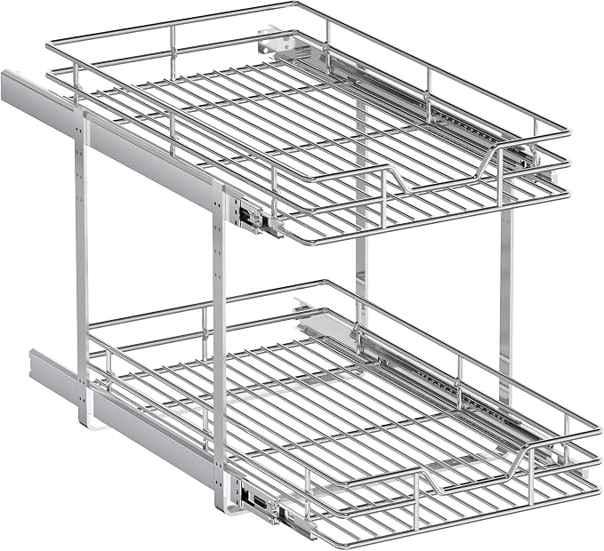 2-Tier Pull Out Cabinet Organizer, 13.5" W x 21.5" D, Heavy Duty Dual Slide Out Shelves for Base Cabinets, Chrome Wire Basket Drawer for Pantry, Kitchen & Bathroom Storage
