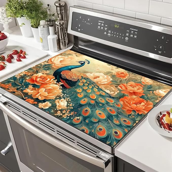 HOMETITUTE Stove Top Cover for Electric Stove 28x20 Inch Diatomite Dish Drying Mat Glass Top Burner Protector Kitchen Counter Mat Peacock Kitchen Decor Stove Pad Stove Top Mat