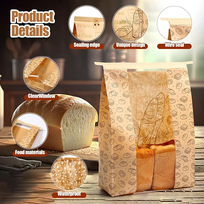 Feifeiya 250 Pack Kraft Paper Bread Bags for Homemade Sourdough Bread Bag with Clear Window 13.7 x 8.2 x 3.5 Large Bakery Packaging for Treat Storage Gift Giving with Seal Sticker