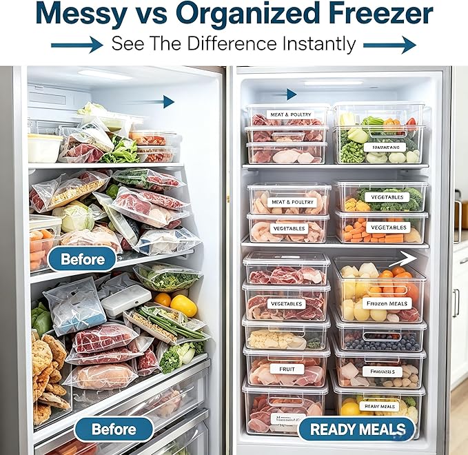 Clear Plastic Freezer Storage Bins, 4 Pack Stackable Refrigerator Organizer Containers with Handles for Meat, Veggies, and Pantry (4PS Small Size*4ps Large)