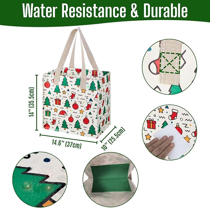 VENO 4 Pack Reusable Grocery Bags, Heavy-Duty Shopping Bags with Handles, for Shopping Cart with Hard Bottom to Stand Upright, Foldable (Jingle Mix, 4 Pack)