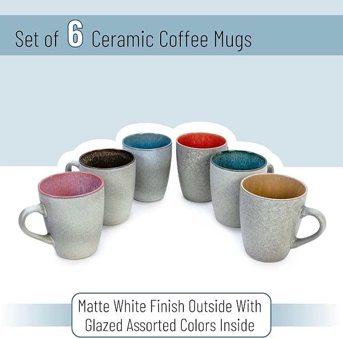 BTaT- Porcelain Coffee Mugs Set, 12 oz (350ml), 6 Pack, Ceramic Coffee Mugs, Matte White Outside and Colorful Inside, Restaurant Cups for Tea, Cappuccino, Cocoa, Cereal, Mug Gift Set, Dishwasher Safe
