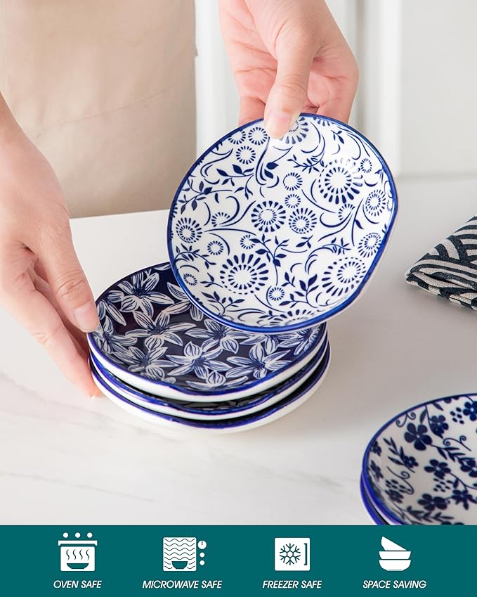 vancasso 6-Pack Ceramic Spoon Rest for Stove Top, Decorative Ceramic Cooking Spoon Holder for Kitchen Counter, 4.8 Inch Blue White Chinoiserie Floral Spoon Rest, Farmhouse Style, Heat-Resistant