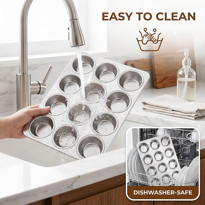 LIANYU Muffin Pan 12 Cups, Stainless Steel Cupcake Muffin Tin for Baking, Regular Size Metal Cupcake Baking Tray for Mini Muffins, Quiche, Brownie, Oven & Dishwasher Safe