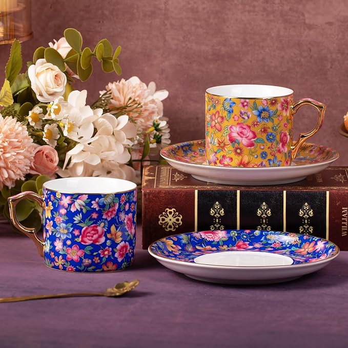 KAMMAK Tea Cups and Saucers Set of 2, Porcelain Coffee Cups, 6oz Stackable Espresso Mugs, Ceramic Demitasse for Coffee, Latte, Americano, Tea (649N+650N)