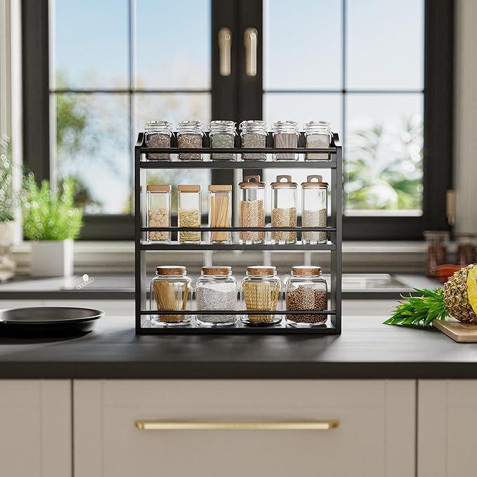 STELLSTAR Bamboo Spice Rack Wall Mount or Tabletop Holder, 3-Tier Shelf for Seasoning Bottles Organizer, Medicine Holder (Black)