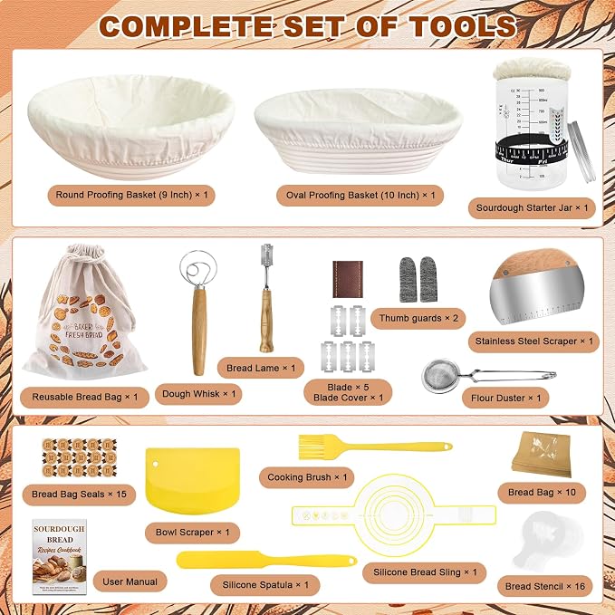 Sourdough Starter Kit with Basket Sourdough Starter Jar for Beginner | 47PCS Set with 9&10-inch Proofing Baskets,34oz Sourdough Starter Jar, Bread making tools & Gift for Women Wife Mom
