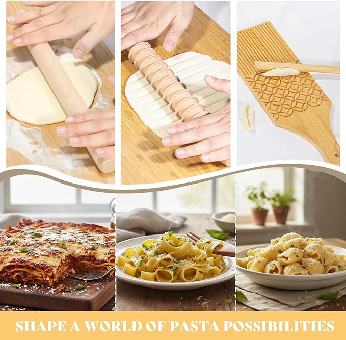 Pasta Making Tools,13PCS Wood Pasta Making Kit with Pasta Rolling Pin,Ravioli Mold,Ravioli Cutter,Gnocchi Board,Pasta Stamps,Dumpling Tools,Stick Dough Scraper Making Accessories