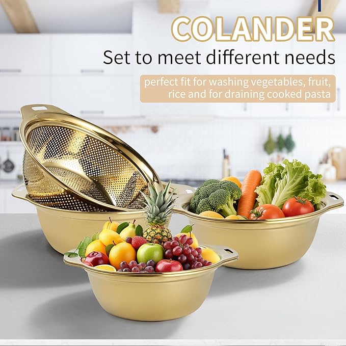Colander 304 Stainless Steel 4-quart with Mixing Bowls, Strainer for Kitchen Food For washing vegetables, fruit, rice, Dishwasher Safe. (Gold 2PC)