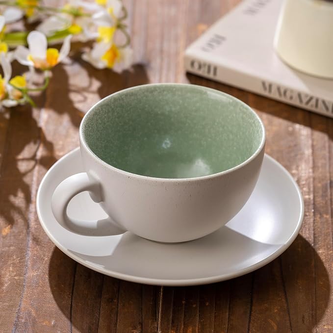 Ceramic Coffee Cup and Saucer Set, 10oz Speckled Sage Green Inner Latte Art Mug, Barista Cappuccino Tea Cup, Microwave & Dishwasher Safe, Modern Home Cafe Gift, Matte Grayish White