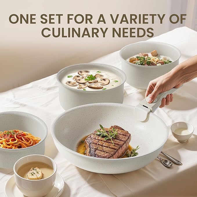 HealSmart 12 Pcs Cookware Set, Granite Non Stick Pots & Pans with Removable Handles, High Heat Resistant Oven Safe Cooking Kit, PFAS & PFOA Free Kitchen Cooking Ware, Beige