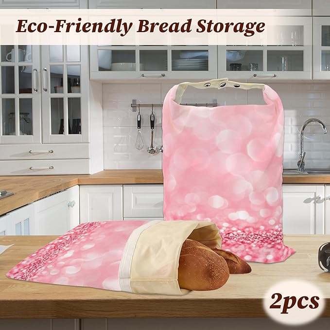 Bread Bags for Homemade Bread, Pink Glitter 2 Pack Linen and Beeswax Sourdough Storage Bags, Reusable Keeper, Keeps Breads Fresh Longer, Gifts for Bakers
