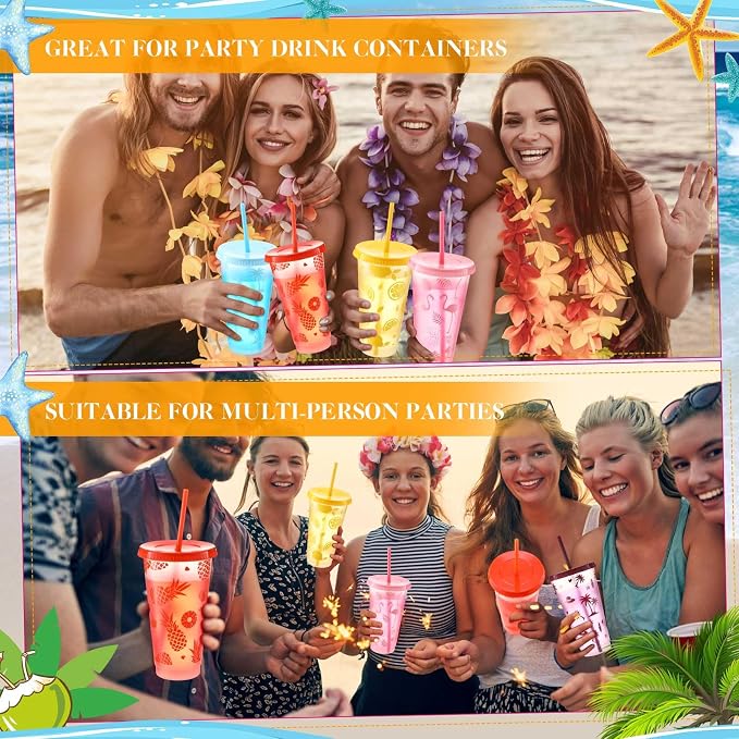 Cholemy 48 Pcs 24 oz Hawaiian Plastic Cups Bulk Luau Tumblers with Straw and Lid 12 Design Reusable Summer Travel Cups for Hawaiia Party Favors Luau Party Supplies