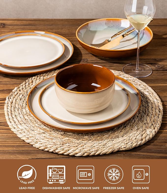 LERATIO Ceramic Dinnerware Sets with Pasta Bowls for 4,Plates and Bowls Sets,Oven &Microwave & Dishwasher Safe,Light Weight & Scratch Resistant Dishes Sets-Service for 4 (16pcs)-Kahki
