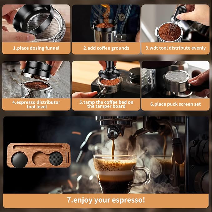 7-Piece 51mm Espresso Accessories Kit with Wood Tamping Station | Wood tamping station with tamper, distributor, WDT tool, dosing funnel, milk pitcher and puck screen for home espresso