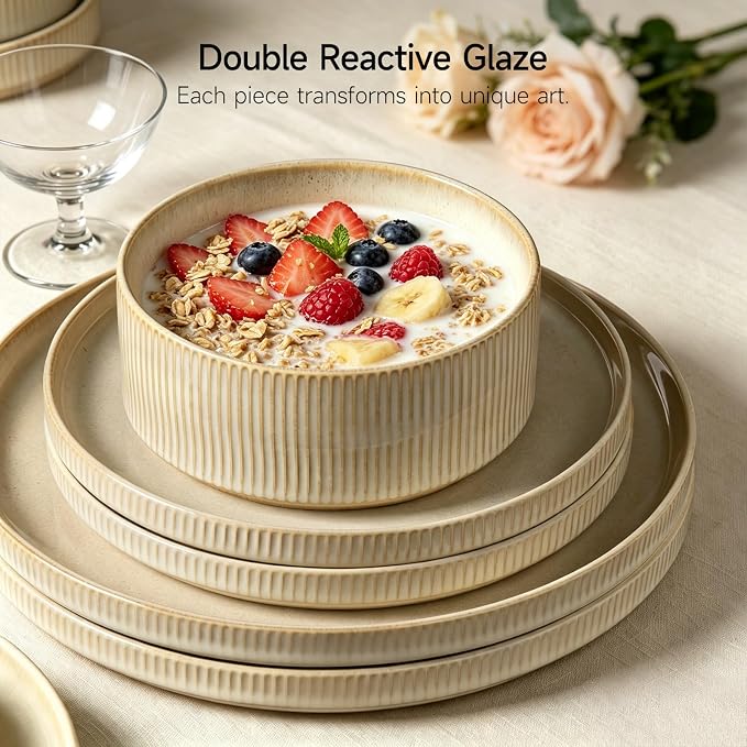 Stoneware Dinnerware Sets, Plates and Bowls Sets for 4, 12-Piece Ribbed Dishes – Chip & Scratch Resistant, Microwave and Dishwasher Safe Tableware, Beige