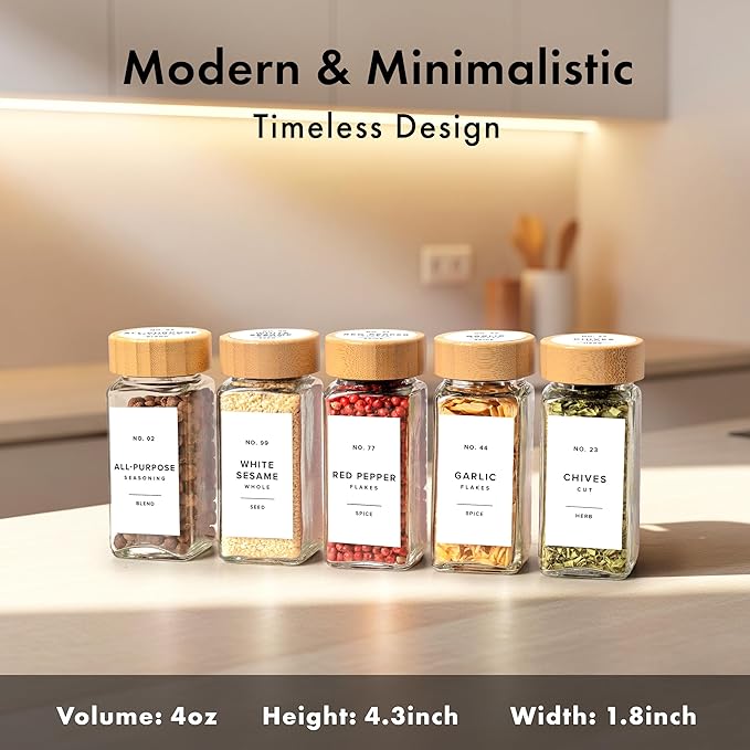 EDELHAUS® Square Spice Jars with Bamboo Wooden Lid (Pack of 24) Spice Jars with Shaker Insert and 240 Labels - Bamboo Lid Glass Container for Spice Organisation [4.3 in × 1.8 in]