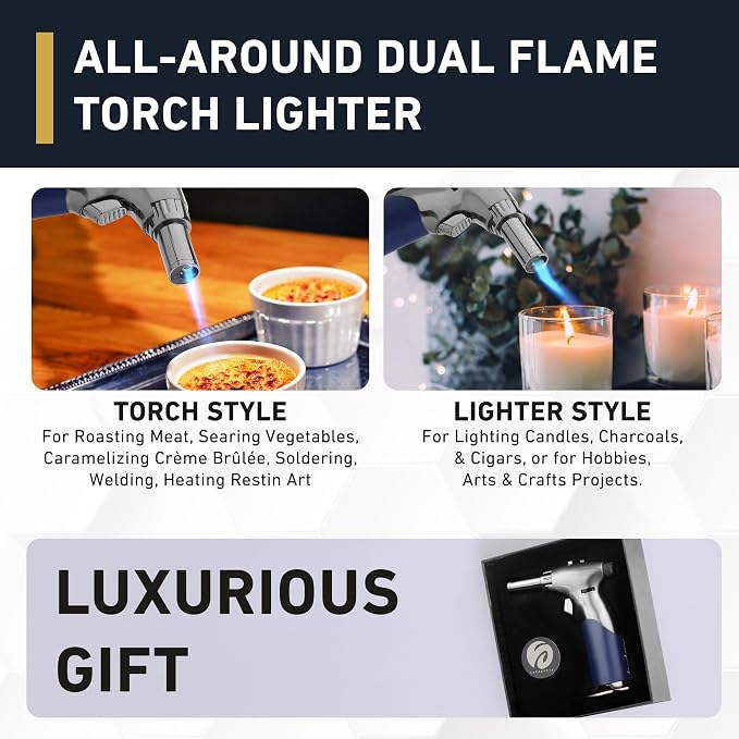 Dual Flame Butane Torch Gun - Refillable Luxury Hand Held Mini Blow Torch for Cooking, Creme Brulee, Soldering, Welding, & Resin Art - Adjustable Flame with Ignition Lock - Steel Blue by inZaynity®