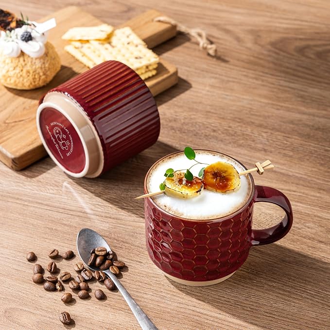 GBhome 15 OZ Large Stackable Coffee Mugs, Ceramic Coffee Mugs with Texture Patterns for Man,Woman,Dad,Mom, Modern Coffee Mugs Set of 4 for Latte/Cappuccino/Cocoa. Dishwasher&Microwave Safe