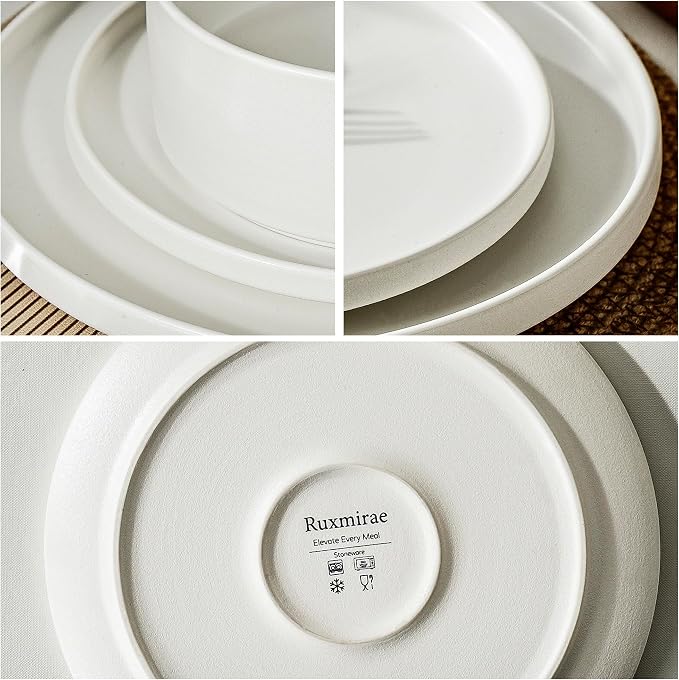 24 Piece Dinnerware Set, Modern Minimalist Stoneware Plates and Bowls Sets, Modern Dinner Plate, Salad Plate, Cereal Bowl, Dish Set for 8, Microwave and Dishwasher Safe, Matte White