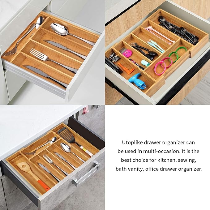 Utoplike Bamboo Expandable Kitchen Drawer Organizer and Bamboo Cutlery Tray Silverware,(11.5"-18") W X 15" H X 2.4“D (Small)