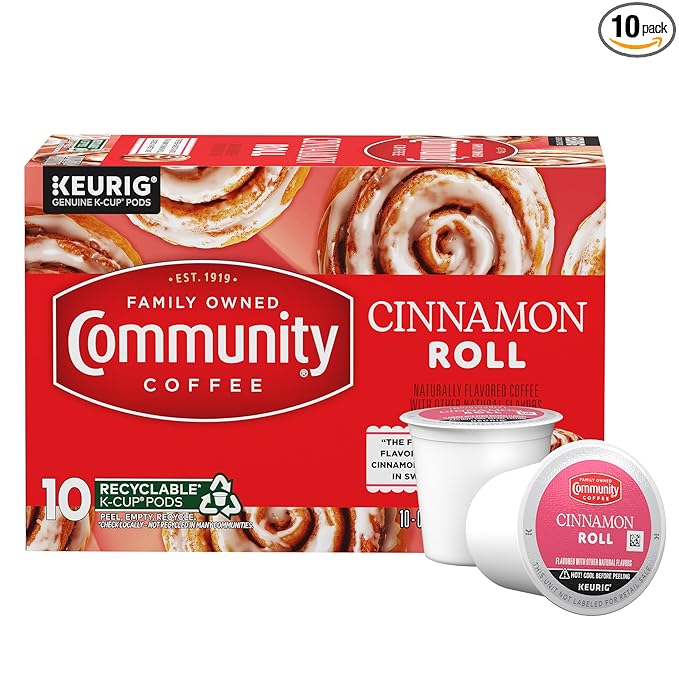 Community Coffee Cinnamon Roll Flavored 10 Count Keurig K-Cup Coffee Pods, Medium Roast, 10 Count (Pack of 1)