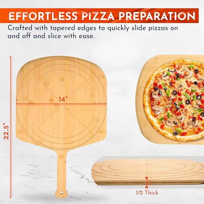 Wooden Pizza Peel 14 Inch Board with Engraved Sizes - Multi-Purpose Bamboo Pizza Cutting Board, Wood Pizza Peel, Pizza Spatula Paddle, and Serving Board with Size and Cutting Guide