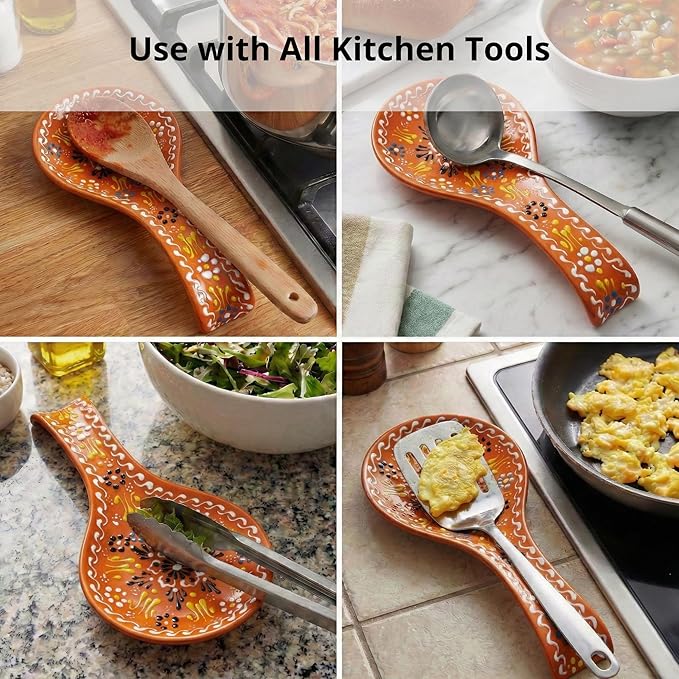 BCS Ceramic Spoon Rest, Large 9” Hand Painted Spoon Holder for Stove Top & Kitchen Counter, Dishwasher Safe & Heat Resistant Utensil Holder, Floral Kitchen Decor, Handmade Pottery