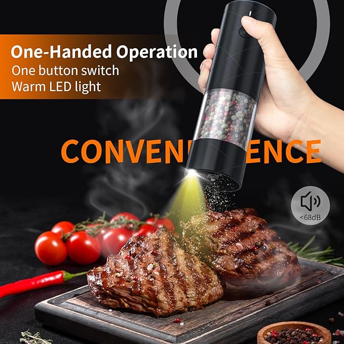 4Pack Electric Salt and Pepper Grinder Set USB Rechargeable with Warm LED Light, Adjustable Coarseness Lidaop Large Capacity Automatic Salt Pepper Mill Shakers for Kitchen, Black Set