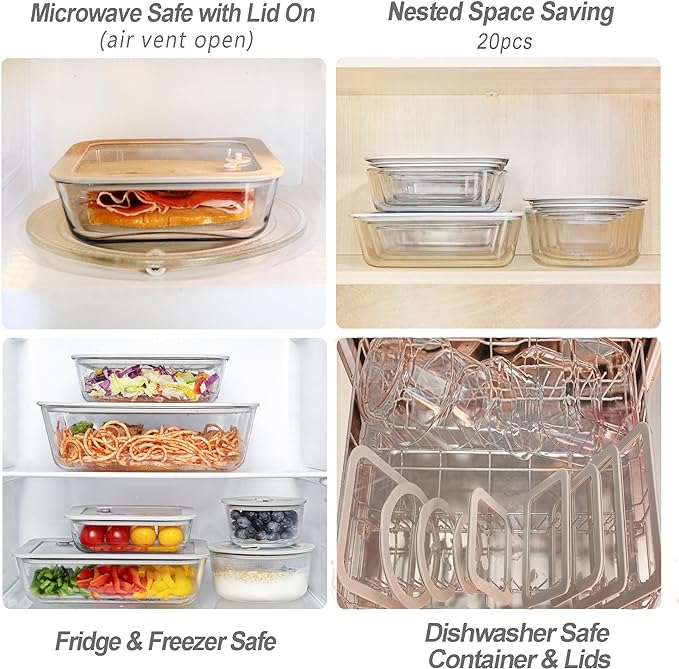 Glass Food Containers with Glass Lid, Microwave Safe Food Storage Container Set, 3 Pack, Square Shape, Food Containers with Lids, Meal Prep containers with Leak Proof Lid.