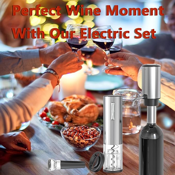 Rechargeable Electric Wine Opener Set, 4-in-1 Automatic Opener Kit with Aerator Pourer, Foil Cutter, Vacuum Pump and Stoppers - Ideal Gift for Mother's Day, Father's Day, Birthday and Anniversary