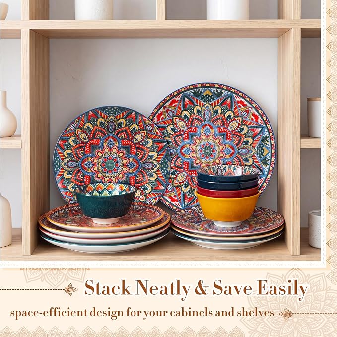 Domensi 12 Pieces Ceramic Dinnerware Sets Porcelain Plates and Bowls Set Service for 4 Ceramic Boho Dishes Tableware Bohemian Style Diningware Housewarming Wedding Gift