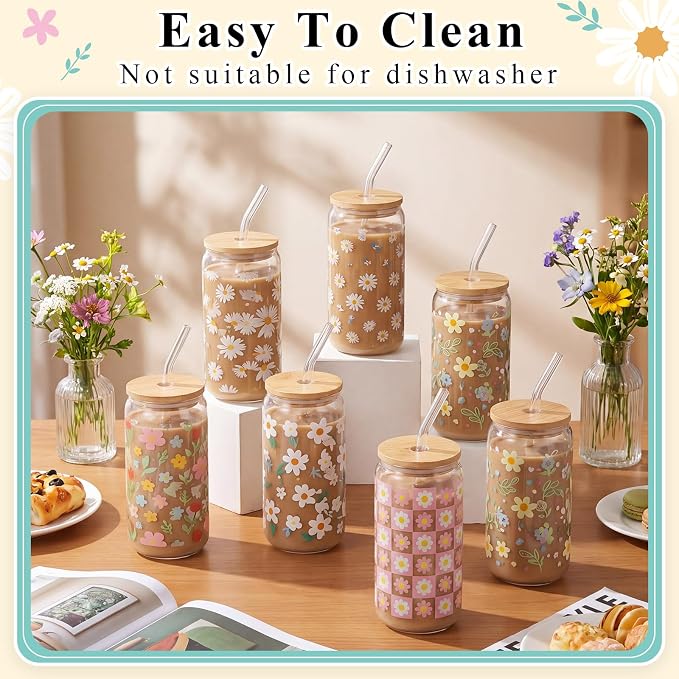 Mumufy 8 Sets Daisy Flower Glass Cups with Clear Gift Bag 16 oz Reusable Pink Yellow Iced Coffee Mugs Aesthetic Cute Tumbler with Lids and Straws, Gifts for Girls Women Bridesmaid