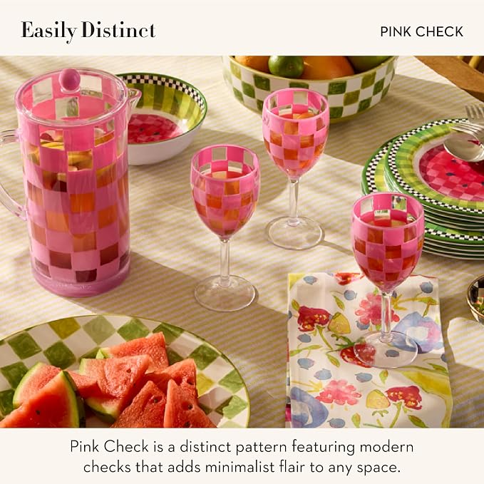 MACKENZIE-CHILDS Set of 4 Acrylic Tumblers, Open Tumbler Cups, Acrylic Cups, 14 Ounces, Pink Check