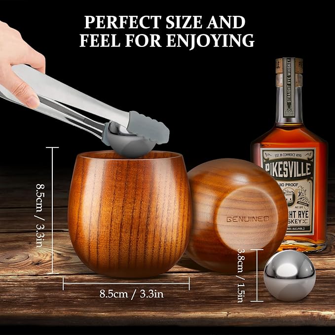 GENUINED The Original Wooden Whiskey Glasses Set of 2 | 8oz Old Fashioned Wooden Bourbon Drinking Glass | Gifts for Men