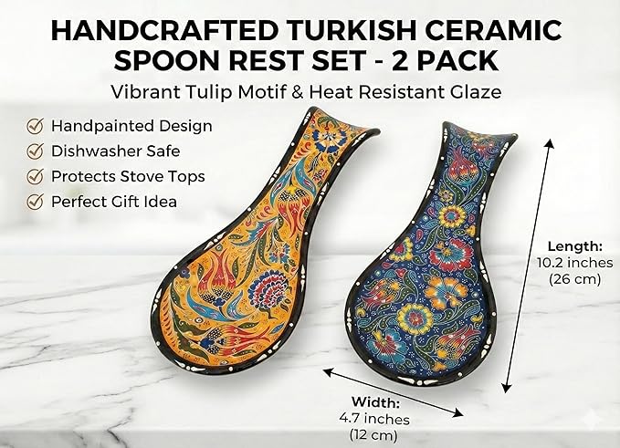 Handcrafted Turkish Ceramic Spoon Rest Set of 2-9" Large Spoon Holder for Stove Top - 100% Lead-Free & Heat Resistant - Decorative Ottoman Tulip Patterned Utensil Rest - Dishwasher Safe