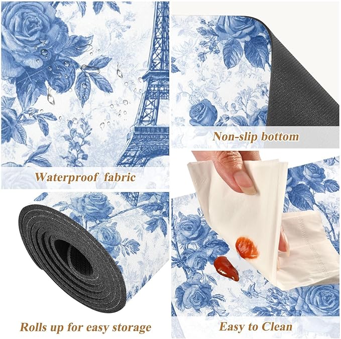 2 in 1 Table Runner Trivet for Hot Pots and Pans Heat Resistant Non Slip Waterproof 39 x 12 Inch Decorative Table Protector for Kitchen Countertop Blue Roses and Eiffel Tower