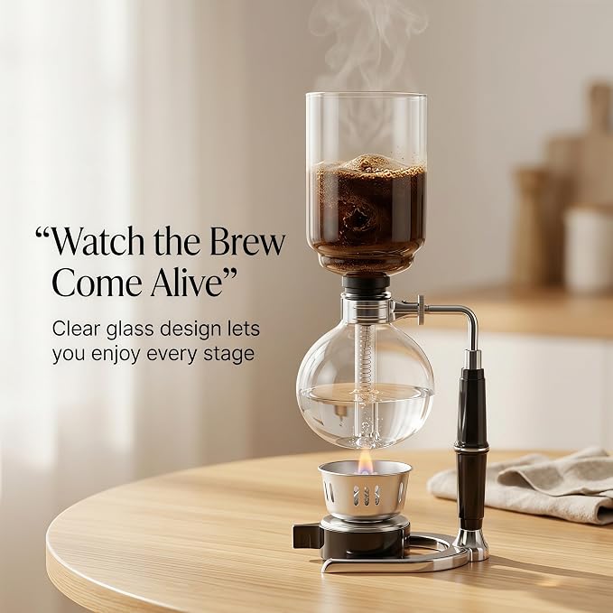 Siphon Coffee Maker, 20 oz Vacuum Brewer with Mesh Filter | Extra-fine mesh filter for cleaner final pour, borosilicate glass, hands-on siphon brewing, rich small-batch coffee