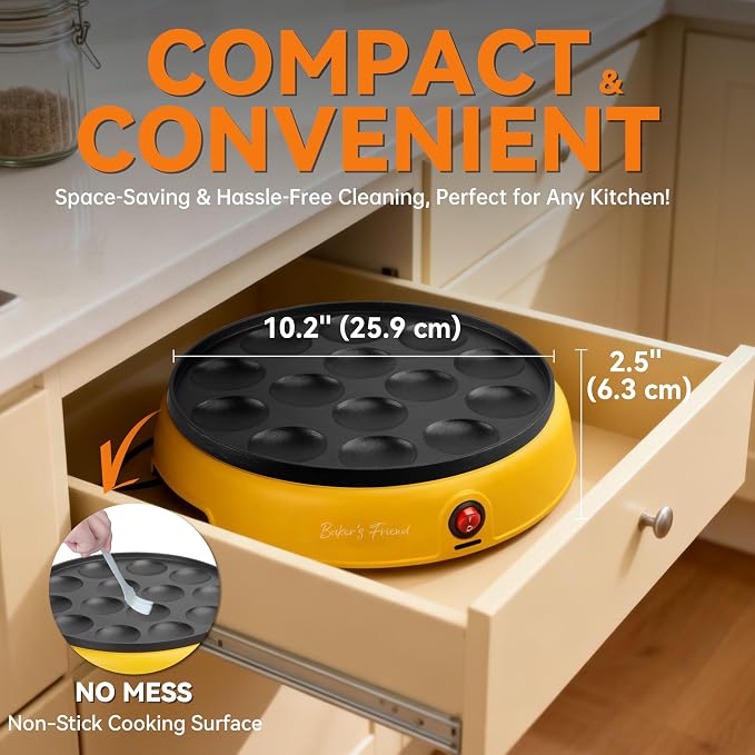 Baker's Friend Mini Pancakes Maker Machine, Dutch Mini Pancake Griddle, 14 Holes Electric Poffertjes Pan, Ideal for Breakfast, Snacks, Desserts & More, Yellow