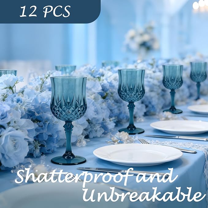 Plastic Wine Glasses, Plastic Goblets Vintage Style Cordial Unbreakable Drinking Glasses, Reusable Drinkware for Wedding Reception, Grand Event Party Supplies (12, Navy Blue)
