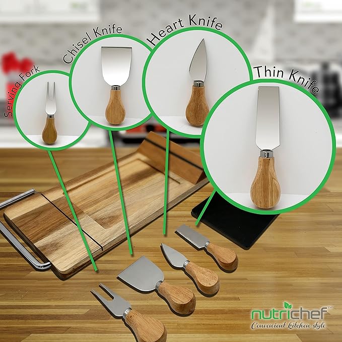 NutriChef Slicing Bamboo Cheese Board Platter - 4 Stainless Steel Knives and Magnet Holder - Modern Wood Snack Serving Tray w/ Stone Slate Slab - Slicer Blade for Cutting - NutriChef PKCZBD50