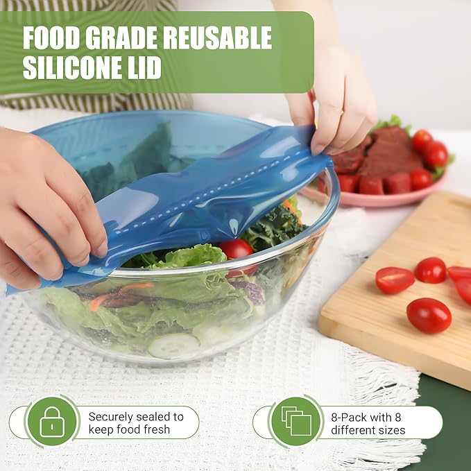 Silicone Stretch Lids for Food Storage in Fridge, Reusable Elastic Bowl Covers for Cup, Cans, Jars, Round & Rectangle Container, Food Grade Silicone Microwave Food Cover, Heat-Resistant, 8PCS