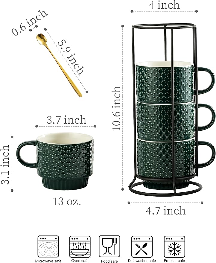 LYEOBOH Coffee Mug Set Porcelain Stackable Coffee Mugs with Stand and Spoons, 13 OZ. Cappuccino Cup Demitasse Cups for Drinks, Espresso, Latte,Set of 4, Dark Green