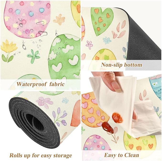 2 in 1 Table Runner Trivet for Hot Pots and Pans Heat Resistant Non Slip Waterproof 39 x 12 Inch Decorative Table Protector for Kitchen Countertop Light Yellow Decorative Easter Eggs Flowers