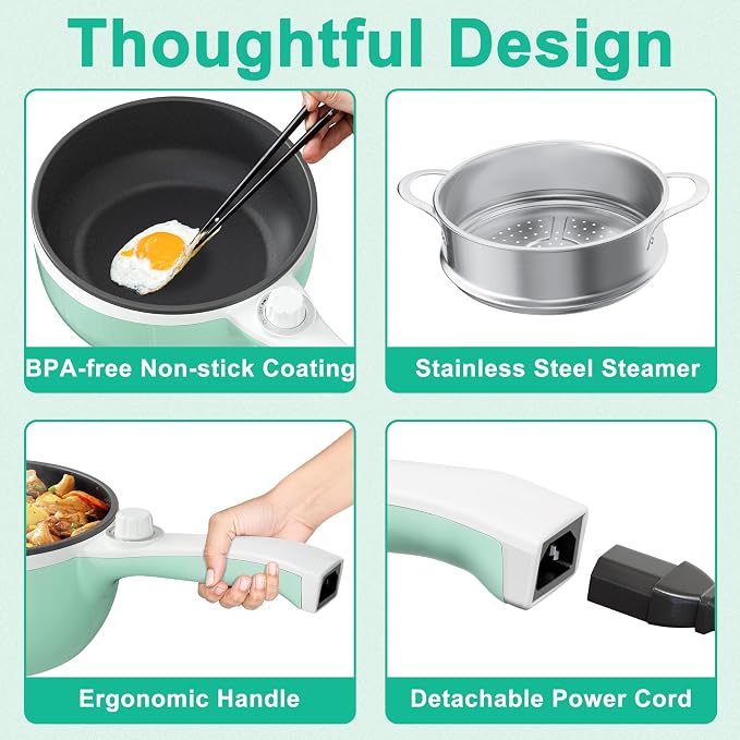 Dezin Hot Pot Electric with Steamer Upgraded, Non-Stick Sauté Pan, Rapid Noodles Electric Pot, 1.5L Mini Pot for Steak, Egg, Fried Rice, Ramen, Oatmeal, Soup with Power Adjustment