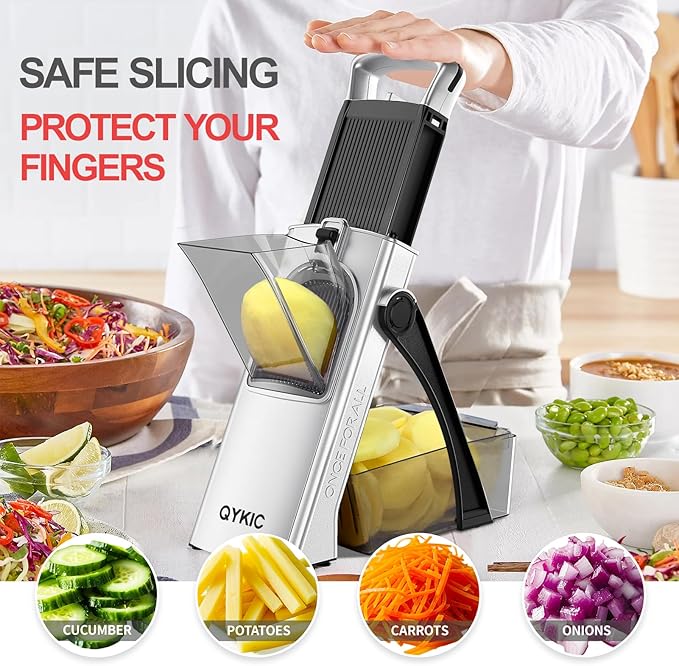 QYKIC Upgrade Safe Mandoline Slicer for Kitchen, Vegetable Chopper and Slicer, Potato Slicer Thickness Adjuster, French Fry Cutter, Kitchen Chopping Artifact (White)
